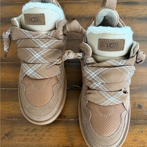 UGG Chestnut Brown Plaid-Trim Lace-Up Shearling Sneakers